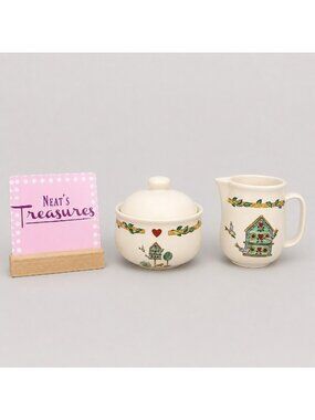 Thomson Pottery BIRDHOUSE Heart Vine Border Stoneware Sugar Bowl & Creamer Set